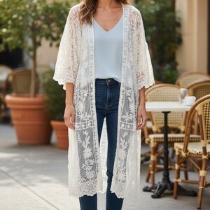 Sheer Floral Embroidered Kimono